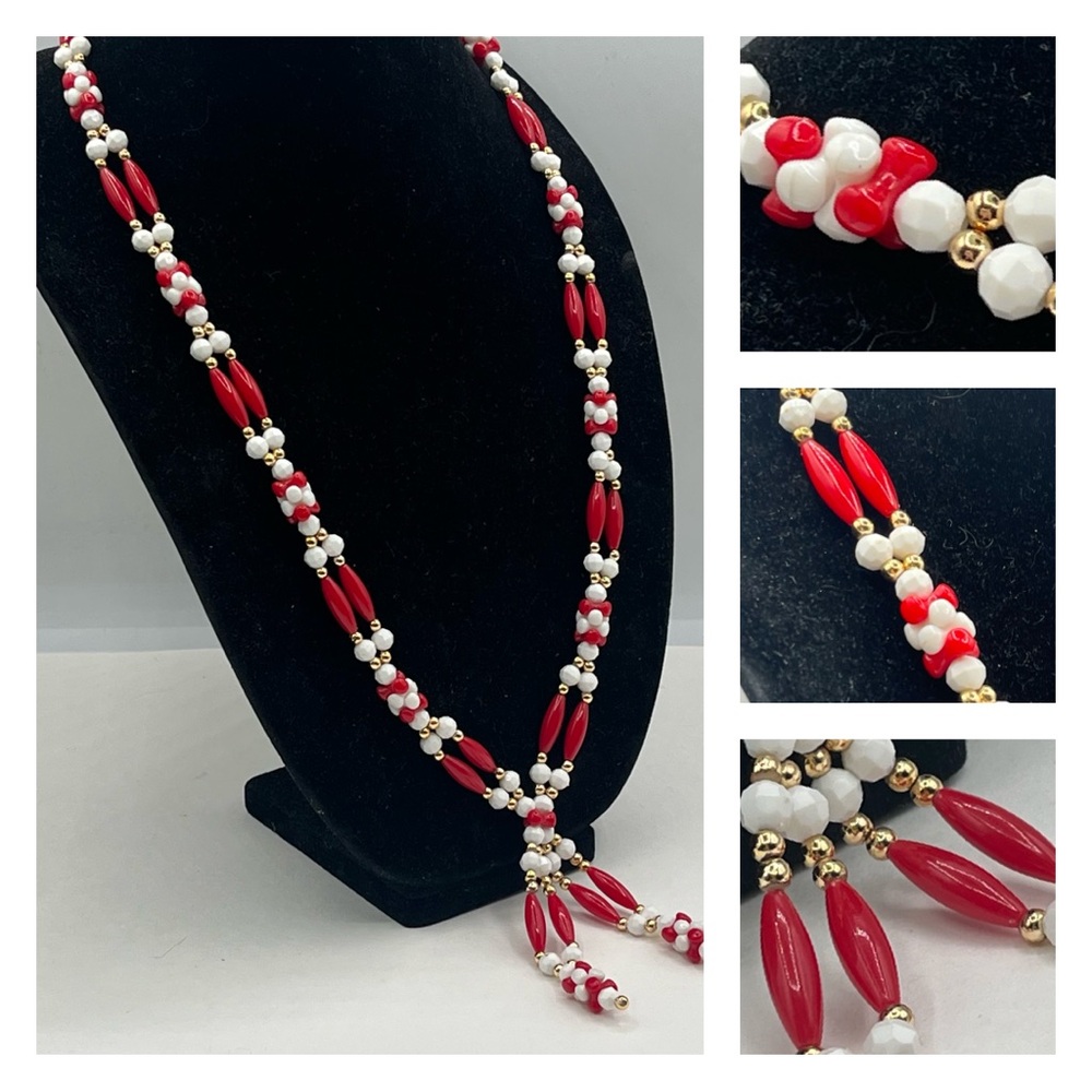 Vintage Red & White Beaded Statement Necklace with Gold Tone Accents